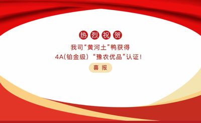 【喜報】—我司黃河土鴨獲4A(鉑金級）“豫農優(yōu)品”認證！